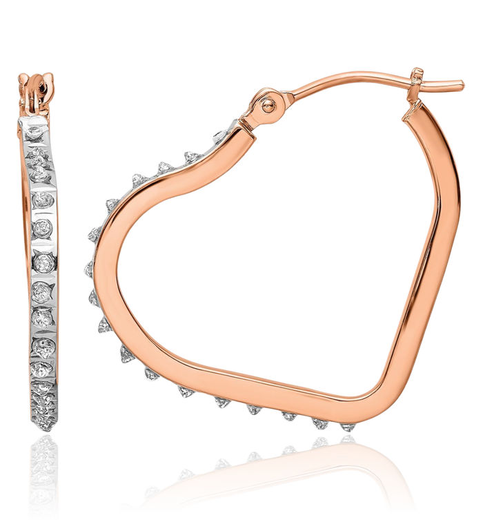 14K Solid Rose Pink Gold Diamond Heart Friendship Medium Hoop Earrings