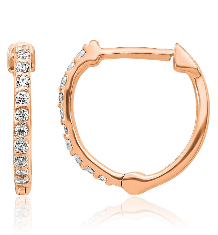 14K Solid Rose Pink Gold Diamond Round Huggie Small Hoop Earrings