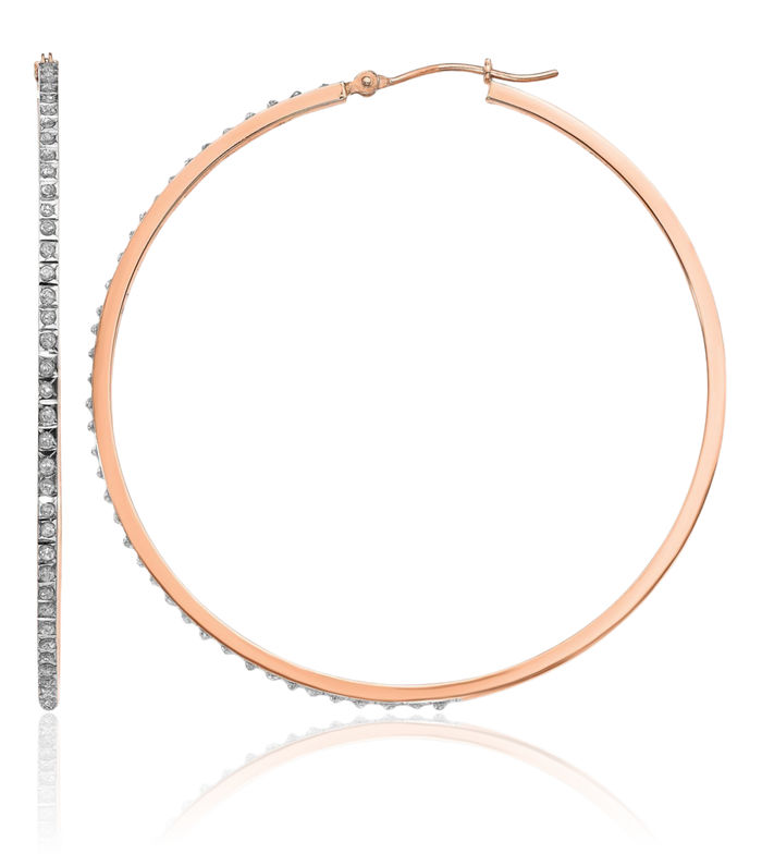 14K Solid Rose Pink Gold Diamond Round Large Hoop Earrings