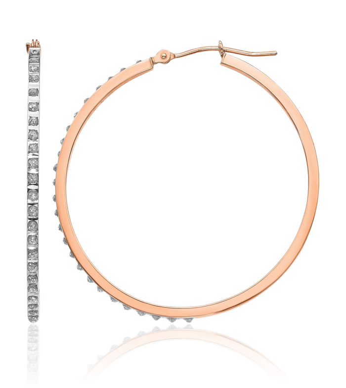 14K Solid Rose Pink Gold Diamond Round Medium Hoop Earrings