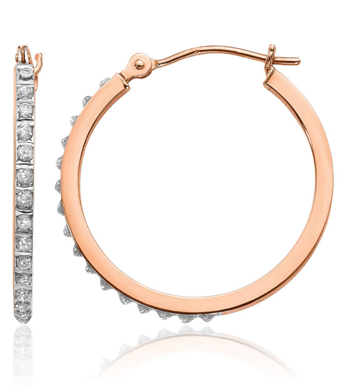 14K Solid Rose Pink Gold Diamond Round Medium Hoop Earrings