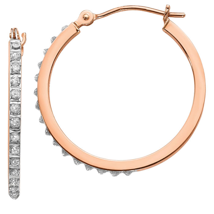 14K Solid Rose Pink Gold Diamond Round Medium Hoop Earrings