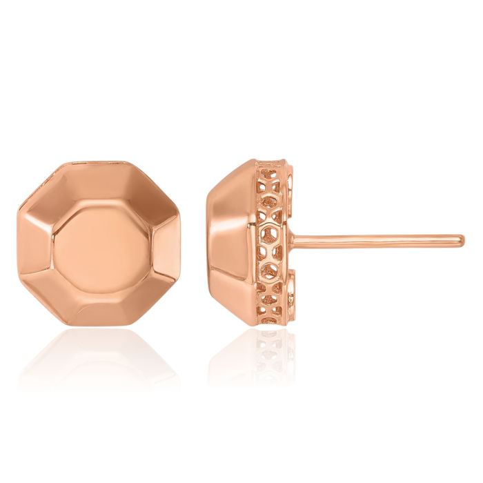 14K Solid Rose Pink Gold Edge Octagon Stud Earrings