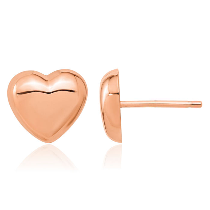 14K Solid Rose Pink Gold Heart Stud Earrings