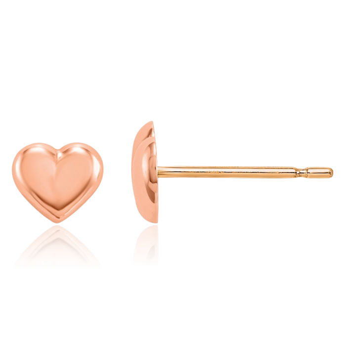 14K Solid Rose Pink Gold Heart Stud Earrings