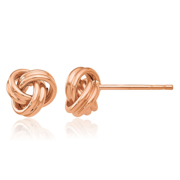 14K Solid Rose Pink Gold Twisted Love Knot Symbol Stud Earrings