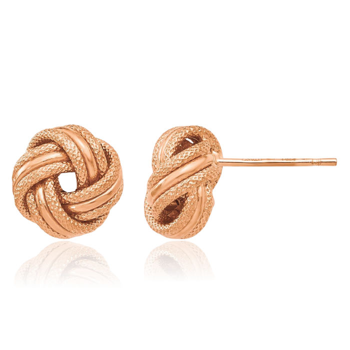 14K Solid Rose Pink Gold Twisted Love Knot Symbol Stud Earrings