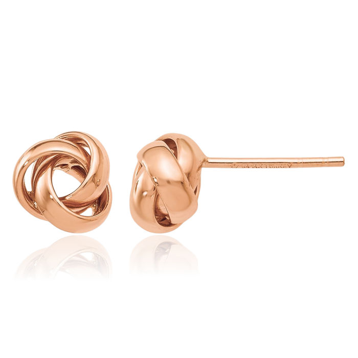 14K Solid Rose Pink Gold Twisted Love Knot Symbol Stud Earrings