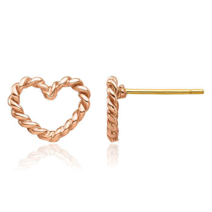 14K Solid Rose Pink Gold Twisted Heart Stud Earrings