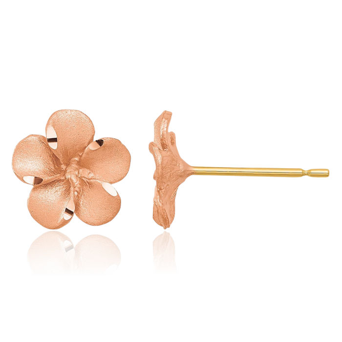 14K Solid Rose Hawaiian Plumeria Flower Yellow Gold Stud Earrings