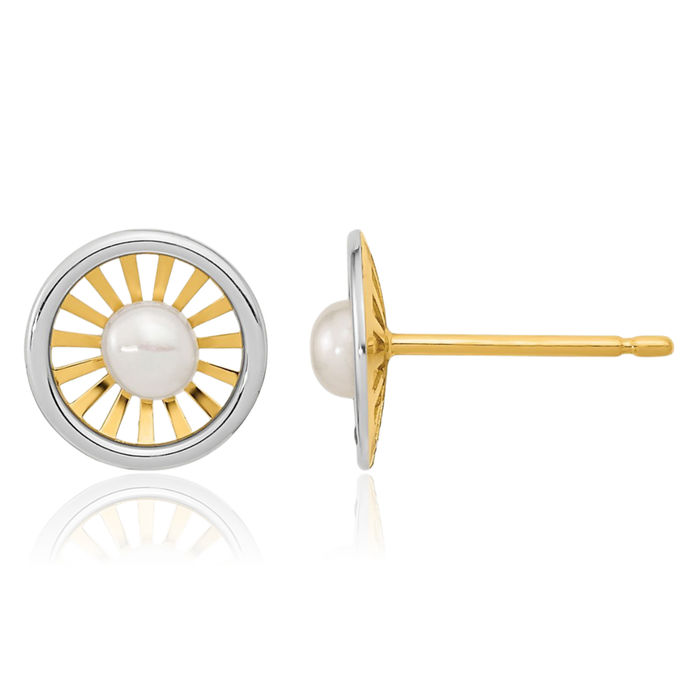 14K Solid Two Tone Gold 3mm Freshwater Cultured Pearl Stud Earrings