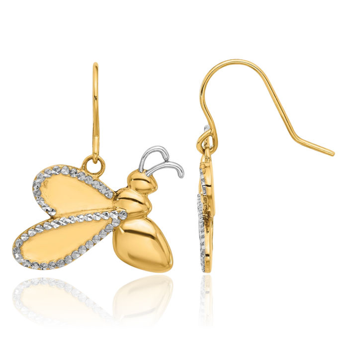 14K Solid Two Tone Yellow White Gold Queen Bumble Bee Honeybee Beekeeper Drop Dangle Earrings