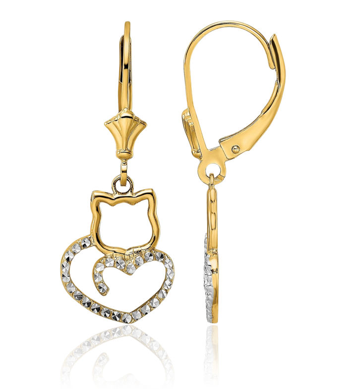 14K Solid Two Tone Yellow White Gold Cat Heart Drop Dangle Earrings