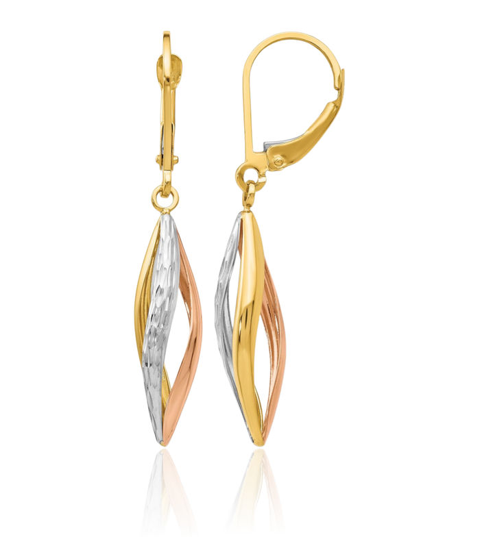 14K Solid Two Tone Gold White Drop Dangle Earrings