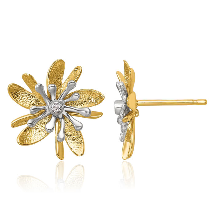 14K Solid Two Tone Gold White Diamond Flower Stud Earrings