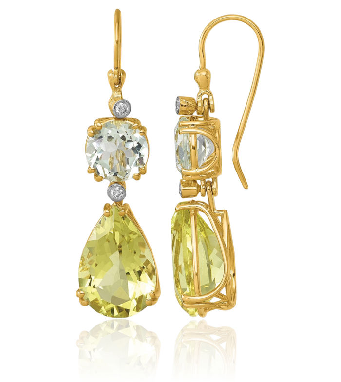 14K Solid Two Tone Yellow White Gold Diamond Green Lemon Quartz Shephard Hook Drop Dangle Earrings