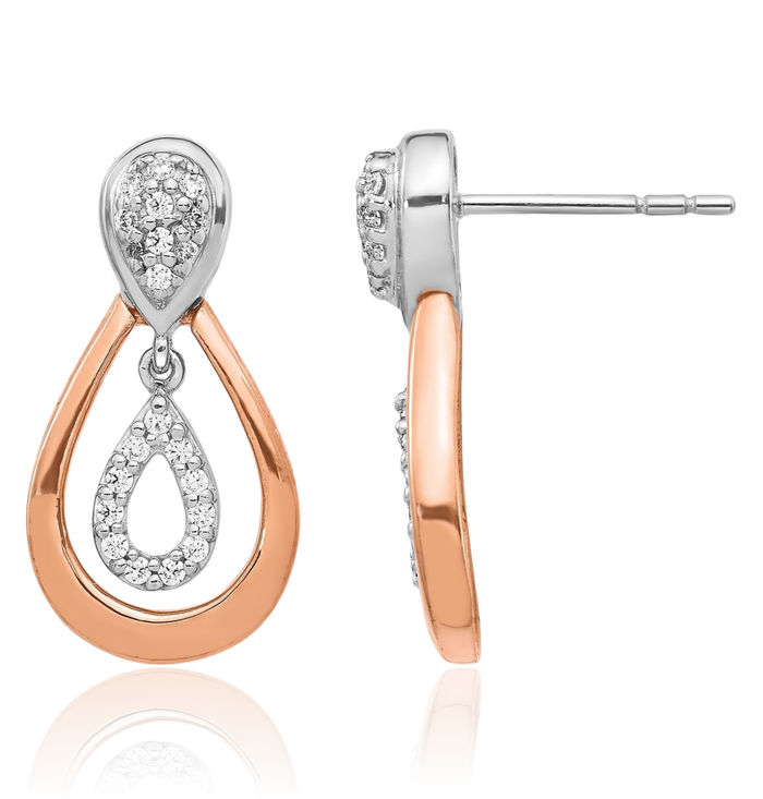 14K Solid Two Tone Rose White Gold Diamond Post Drop Dangle Earrings