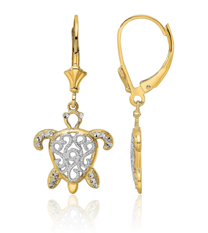 14K Solid Two Tone Yellow White Gold Antique Filigree Sea Turtle Drop Dangle Earrings