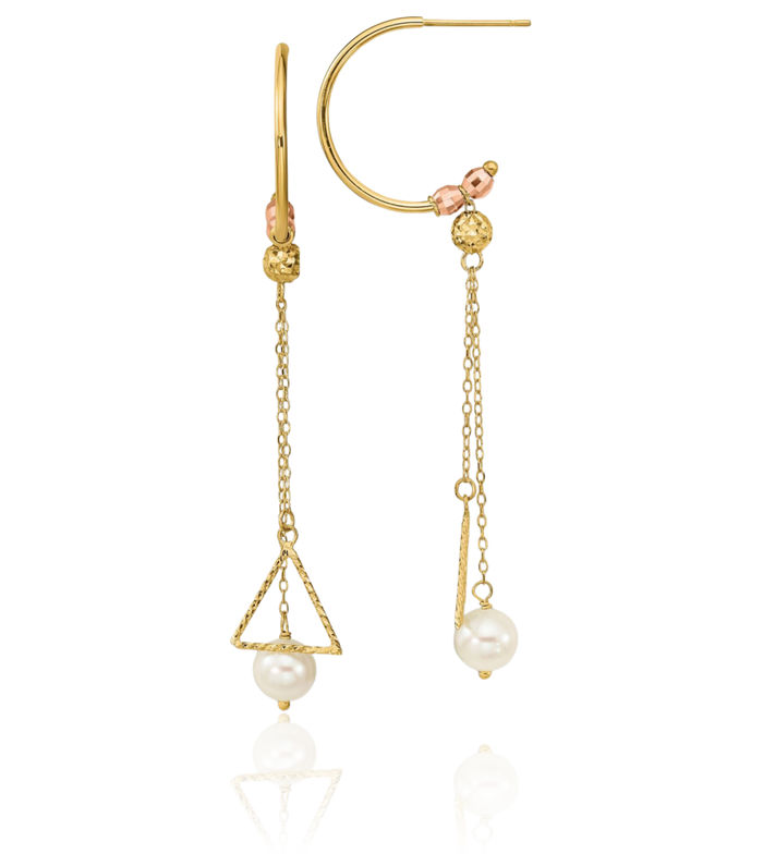 14K Solid Two Tone Gold Half Circle Round 6mm Freshwater Cultured Pearl Drop Dangle Earrings