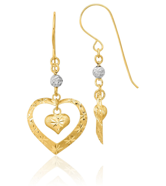 14K Solid Two Tone Gold Heart Drop Dangle Earrings