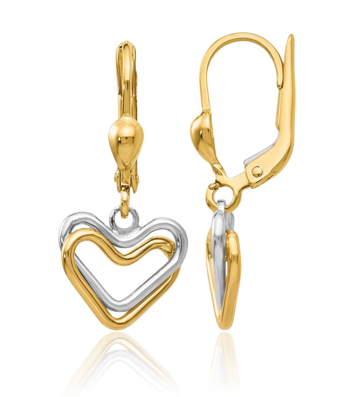 14K Solid Two Tone Gold Heart Drop Dangle Earrings