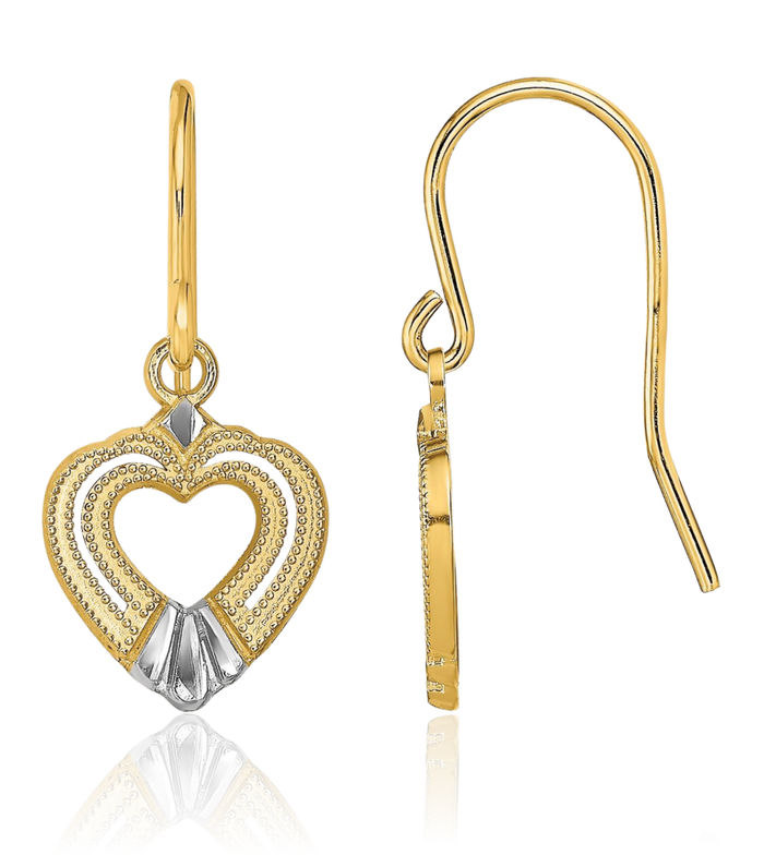 14K Solid Two Tone Yellow White Gold Heart Drop Dangle Earrings