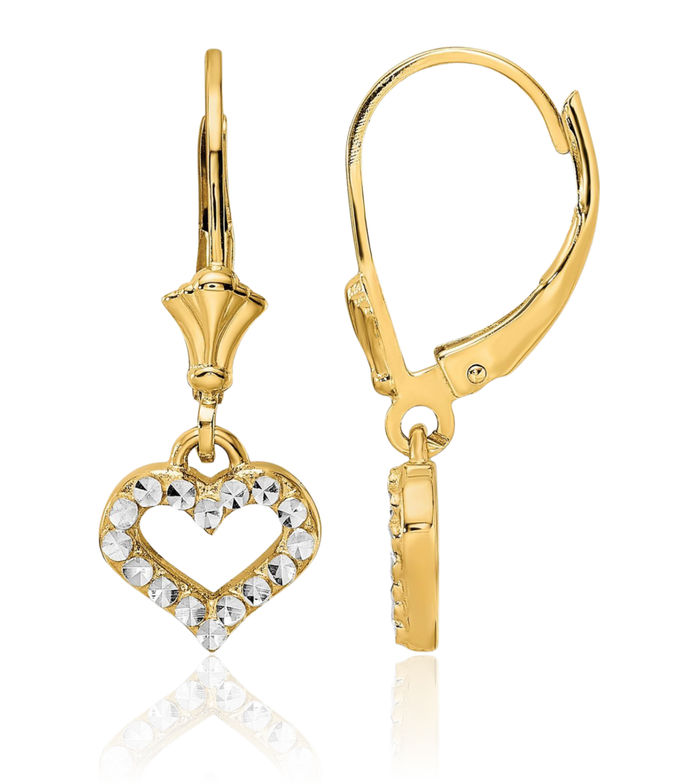 14K Solid Two Tone Yellow White Gold Heart Drop Dangle Earrings