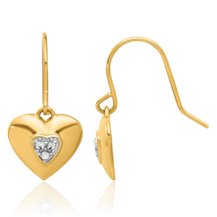 14K Solid Two Tone Yellow White Gold Heart Drop Dangle Earrings