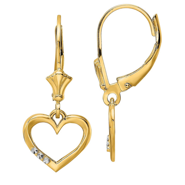 14K Solid Two Tone Yellow White Gold Heart Drop Dangle Earrings