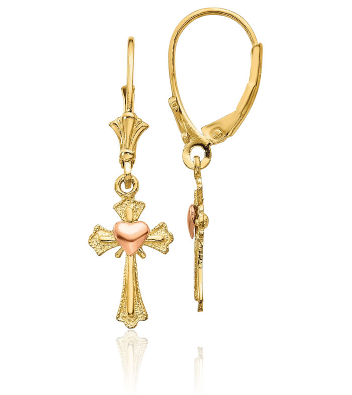 14K Solid Two Tone Gold Heart Hanging Holy Cross Christian Religious Drop Dangle Earrings