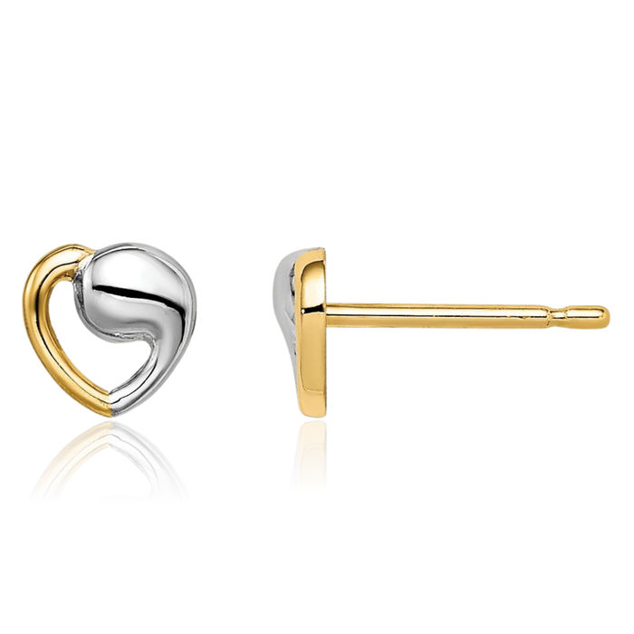 14K Solid Two Tone Yellow White Gold Heart Stud Earrings