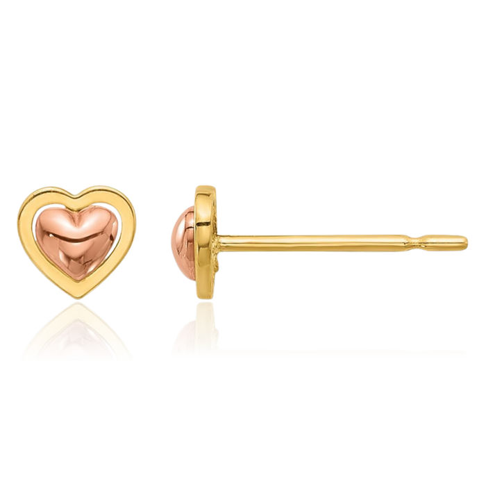 14K Solid Two Tone Gold Heart Stud Earrings