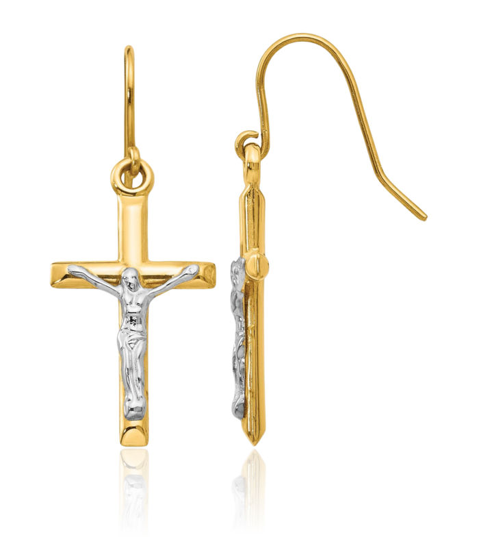 14K Solid Two Tone Gold Lord Jesus Christ Crucifix Holy Hanging Cross Christian Religious Drop Dangle Earrings