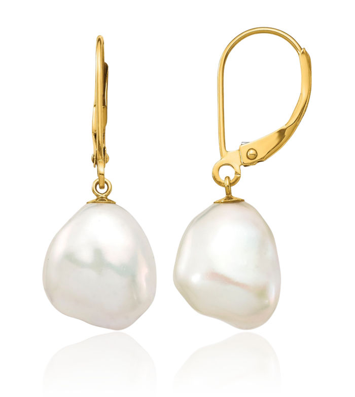 14K Solid Two Tone Yellow White Gold Keshi Freshwater Cultured Pearl Drop Dangle Earrings Gemstone