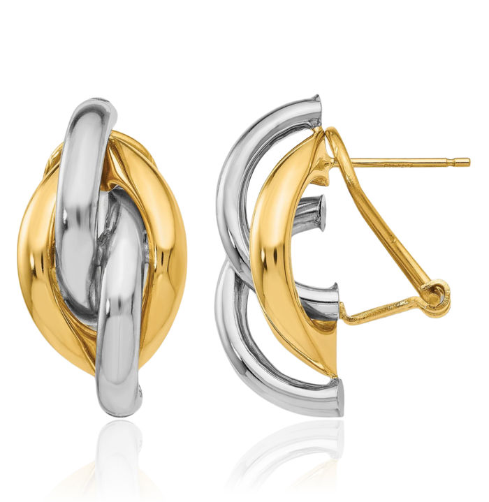 14K Solid Two Tone Gold Omega Clip Back Post Stud Earrings