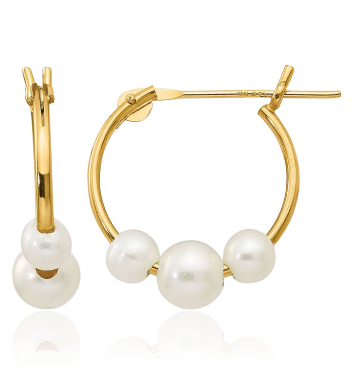 14K Solid Two Tone Yellow White Gold Round Freshwater Cultured 3 Pearl Small Hoop Earrings