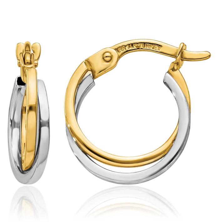 14K Solid Two Tone Gold Round Huggie Small Hoop Earrings