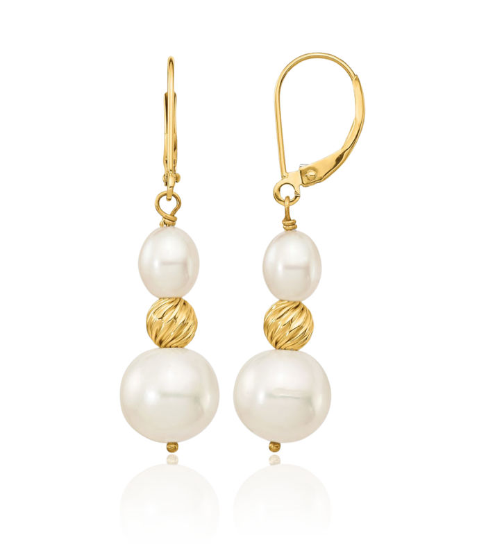 14K Solid Two Tone Yellow White Gold Round Rice Freshwater Cultured Pearland Beaded Drop Dangle Earrings Gemstone