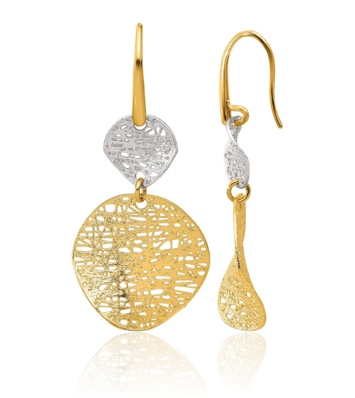 14K Solid Two Tone Gold White Shephard Hook Drop Dangle Earrings