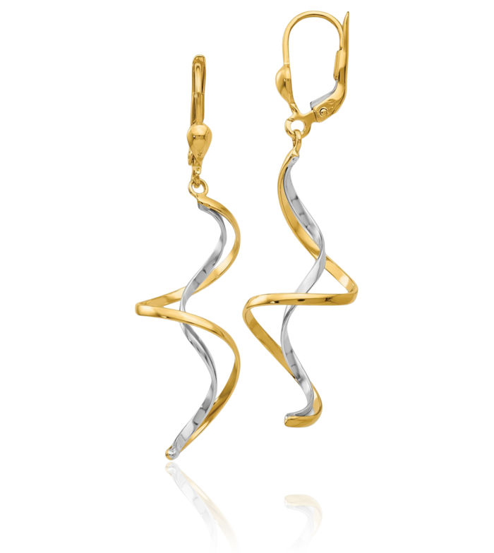 14K Solid Two Tone Gold Spiral Drop Dangle Earrings