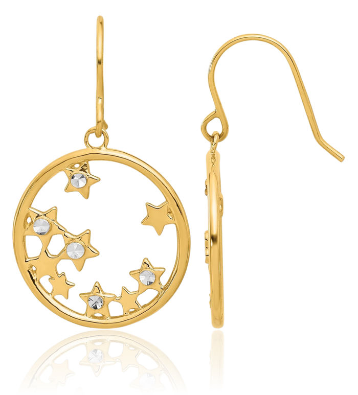 14K Solid Two Tone Yellow White Gold Stars Circle Round Drop Dangle Earrings