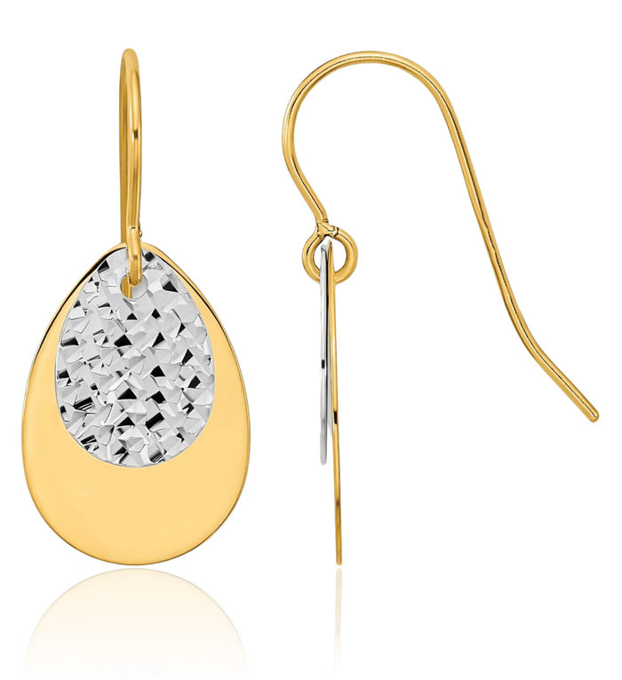 14K Solid Two Tone Gold Teardrop Drop Dangle Earrings