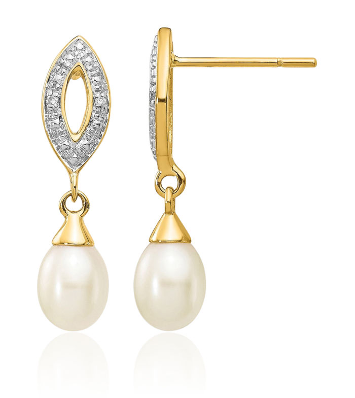 14K Solid Two Tone Yellow White Gold Teardrop Freshwater Cultured Pearl Diamond Drop Dangle Earrings