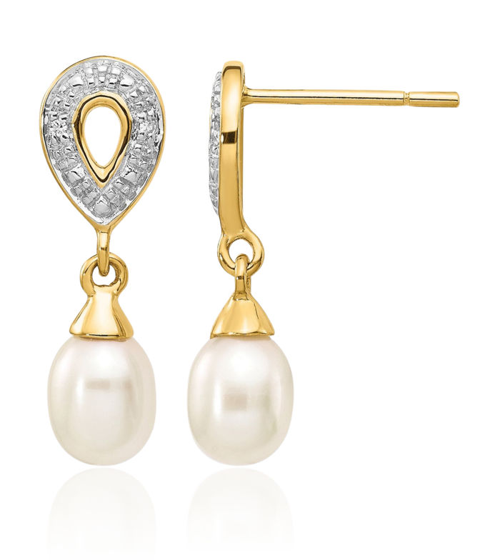 14K Solid Two Tone Yellow White Gold Teardrop Freshwater Cultured Pearl Diamond Drop Dangle Earrings