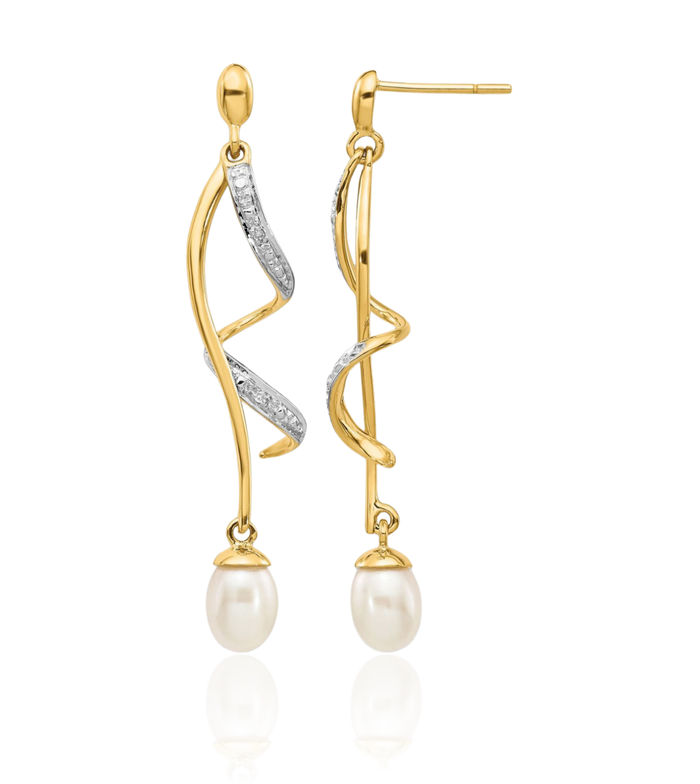 14K Solid Two Tone Yellow White Gold Teardrop Freshwater Cultured Pearl Diamond Drop Dangle Earrings