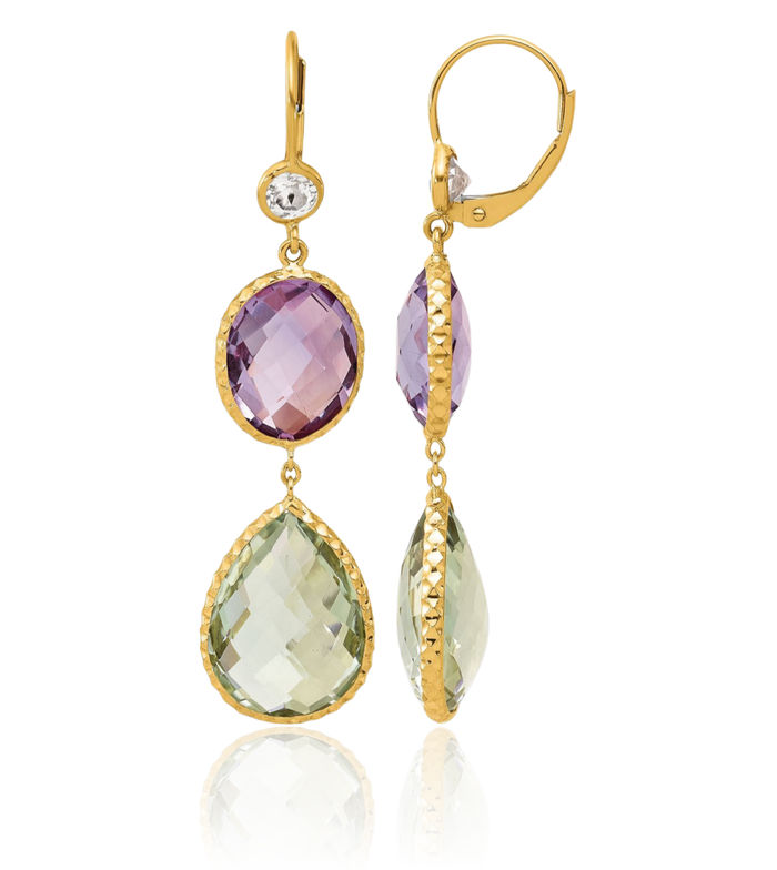 14K Solid Two Tone Yellow White Gold Topaz Pink Green Quartz Drop Dangle Earrings Gemstone