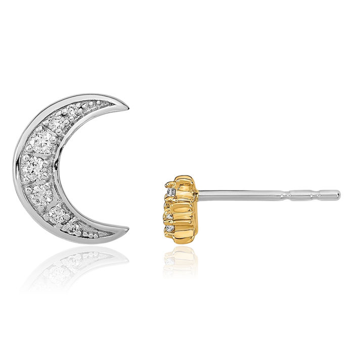 14K Solid Two Tone Gold Yellow Crescent Moon 3 Stars Diamond Mis Match Stud Earrings Celestial Jewelry