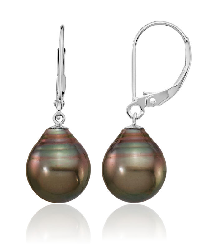 14K Solid White Gold 10mm Black Teardrop Tahitian Saltwater Cultured Pearl Drop Dangle Earrings Gemstone