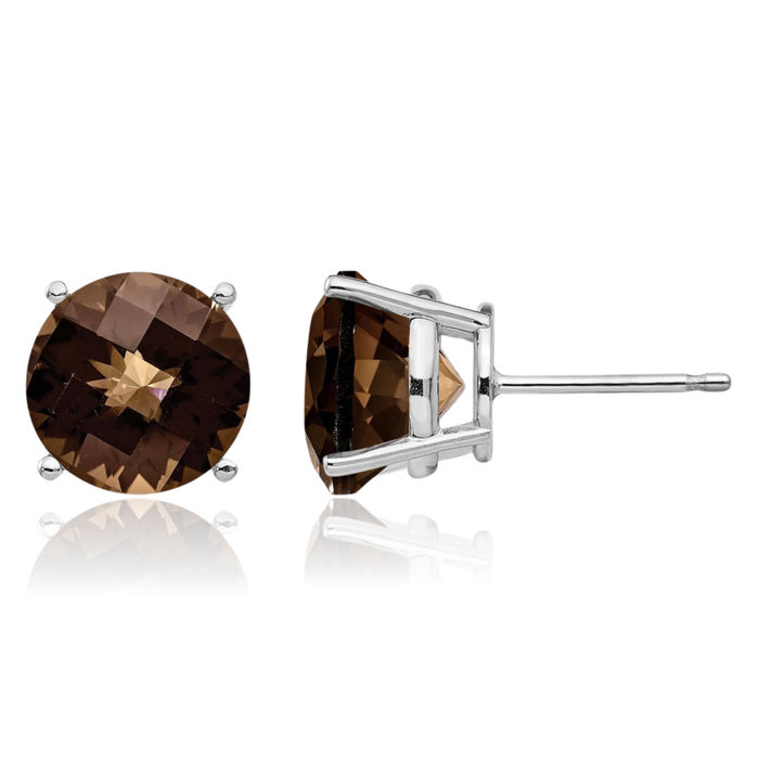 14K Solid White Gold 10mm Round Checker Cut Brown Smoky Quartz Studs Gemstone Solitaire Earrings June Birthstone Jewelry