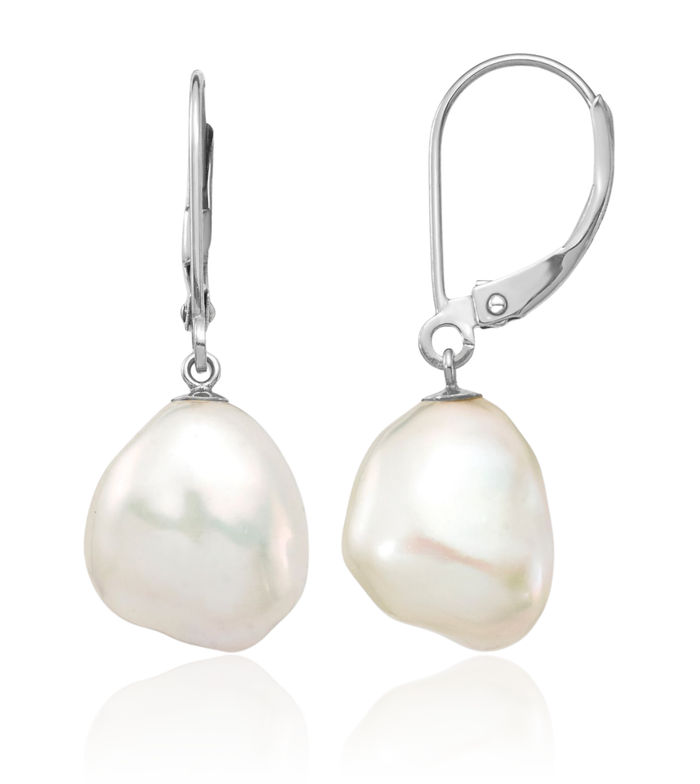 14K Solid White Gold 10x13mm Keshi Freshwater Cultured Pearl Drop Dangle Earrings